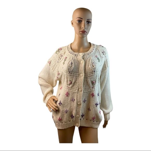Needles & Yarn Women's Cardigan Sweater Ivory Floral Embroidered Size Medium - Picture 2 of 14